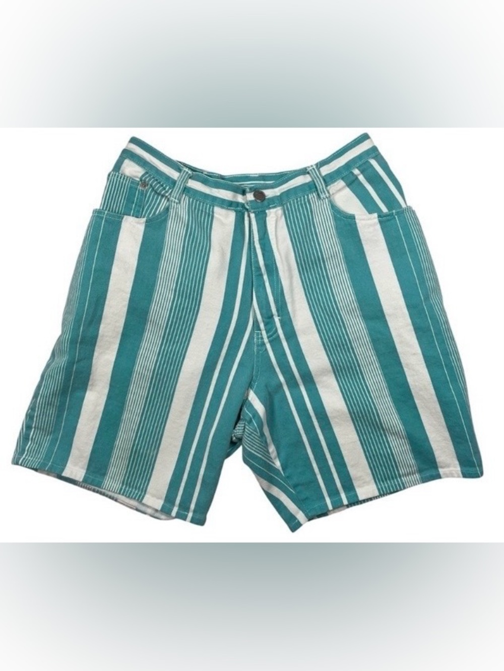 Vintage Gitano Teal White Striped Cotton Shorts Size 34W High Rise 90s